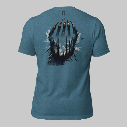 Back of Clawed Through Wild T-shirt in Teal with Wildlife Claw Design.