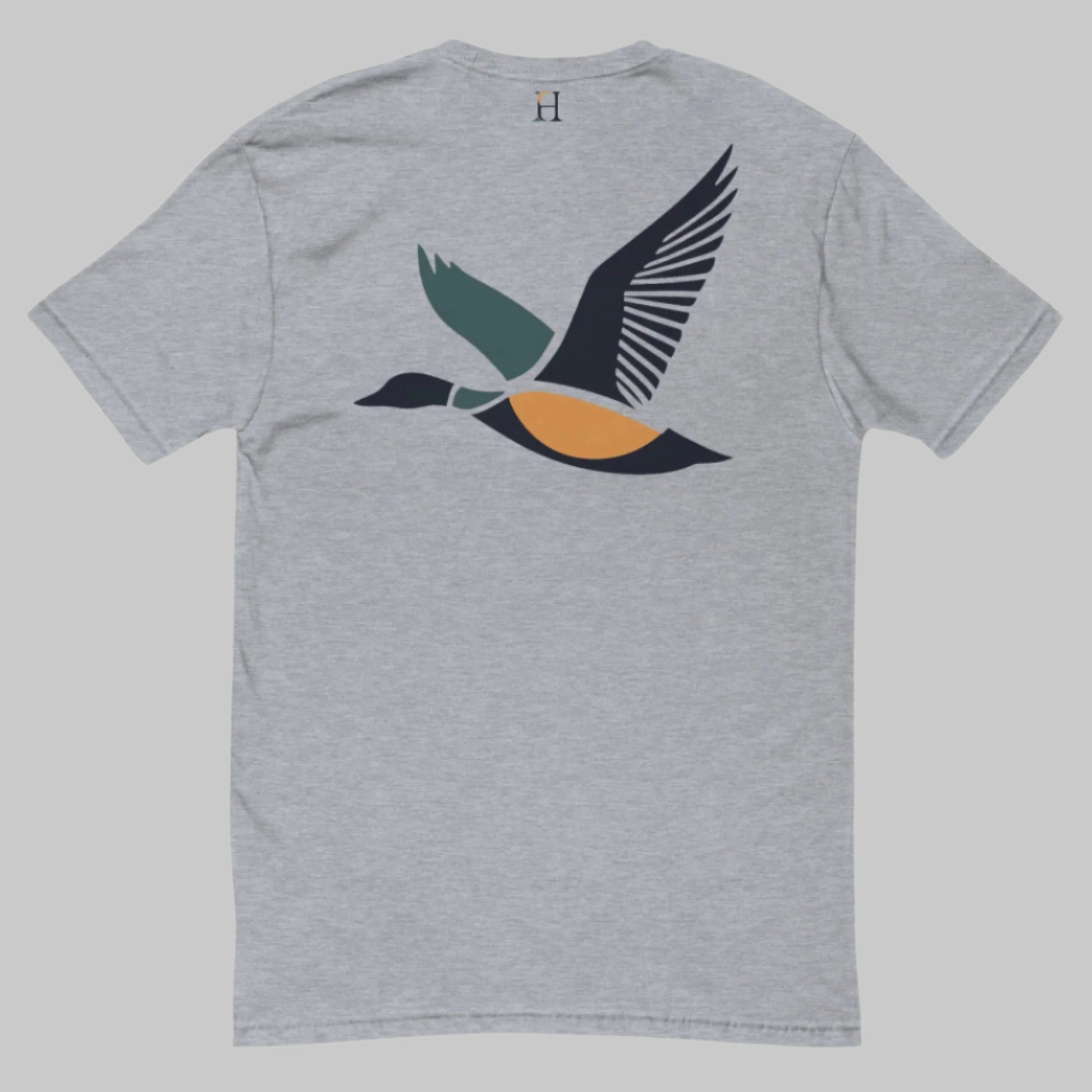 Back of Drake Edition T-Shirt in grey with dark blue, yellow, and green flying duck design and FH logo near collar.