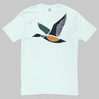 Back of Drake Edition T-Shirt in light blue with dark blue, yellow, and green flying duck design and FH logo near collar.