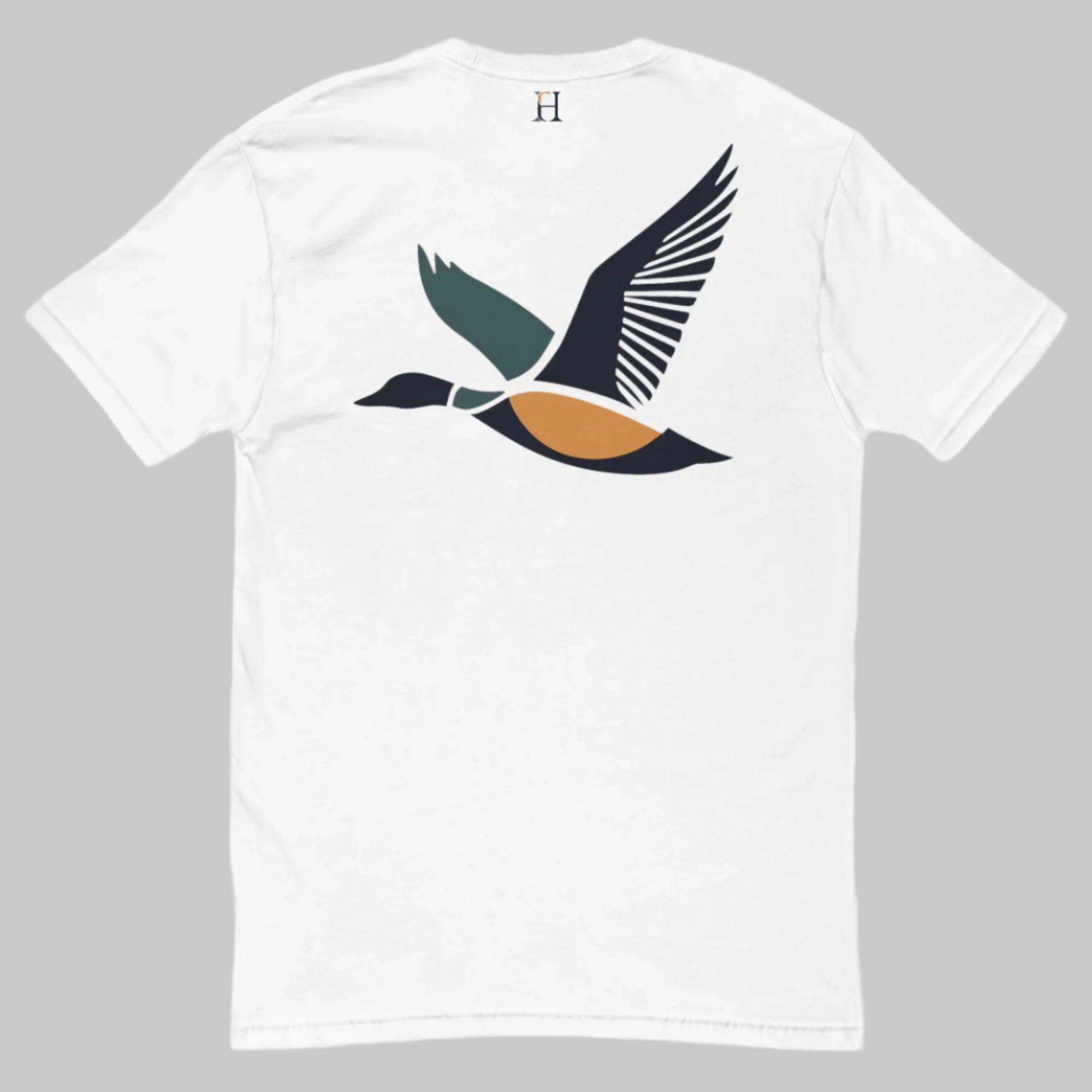 Back of Drake Edition T-Shirt in white with dark blue, yellow, and green flying duck design and FH logo near collar.