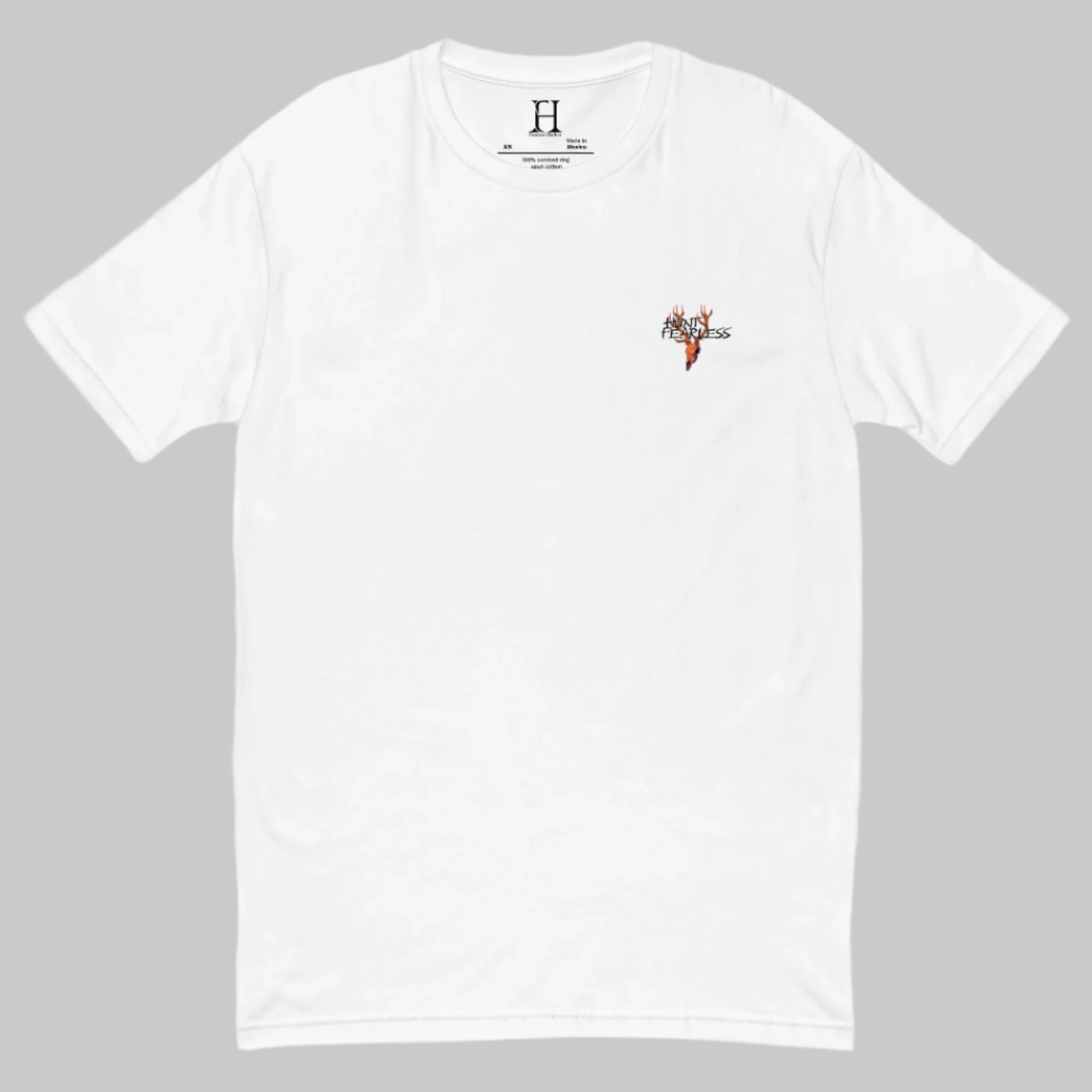 Front of Drake Edition T-Shirt in white with deer logo and the words Hunt Fearless.