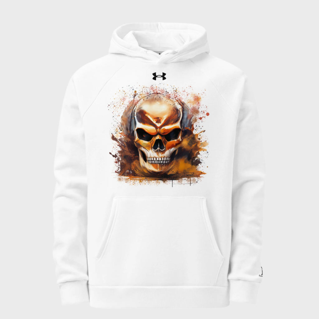 Front of Fearless Under Armour Hoodie in White with skull design.