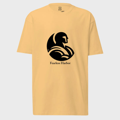 Front of Fearless Warrior Premium Heavyweight T-shirt in Vintage Gold, with a bold warrior design in black.