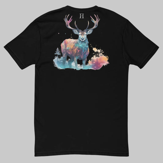 Back of Majestic Buck T-Shirt in Black with a colorful buck deer graphic, and FH logo at top center in white.
