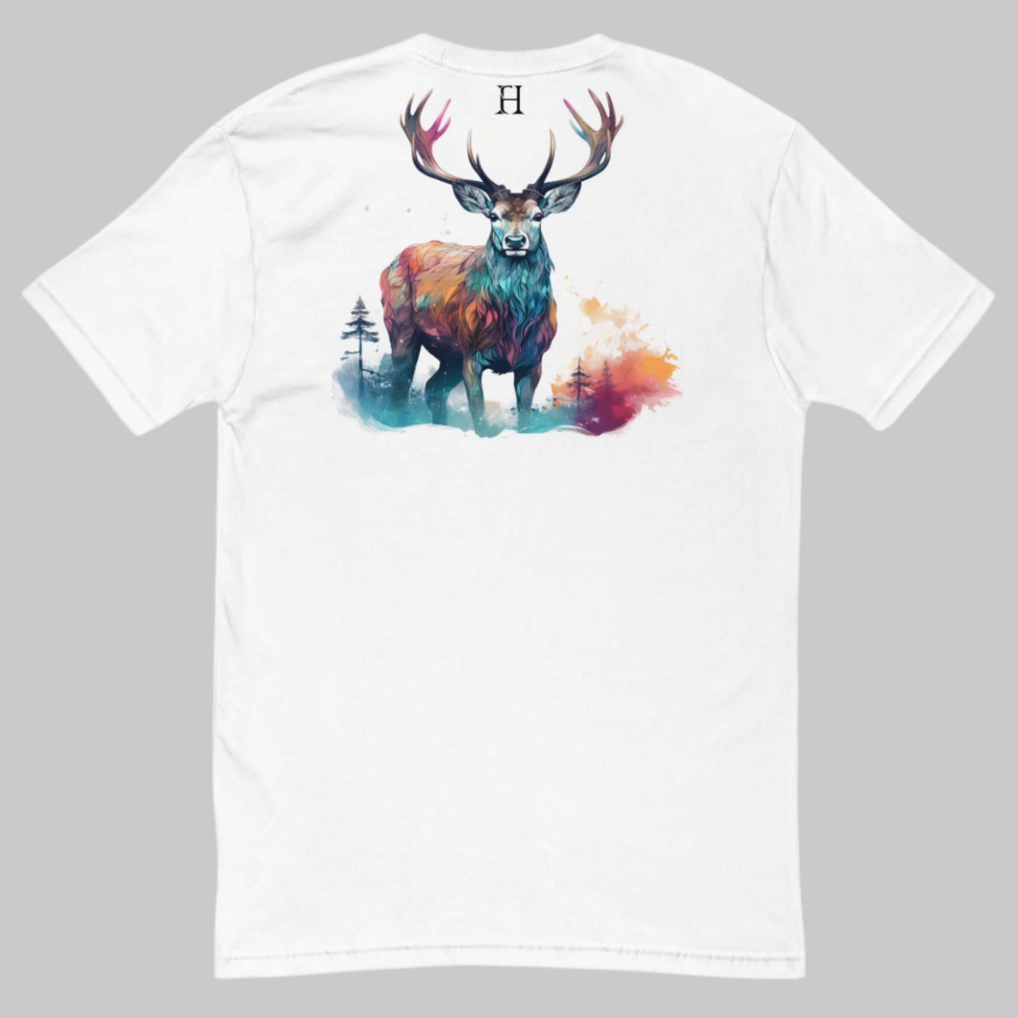 Back of Majestic Buck T-Shirt in White with a colorful buck deer graphic, and FH logo at top center in black.