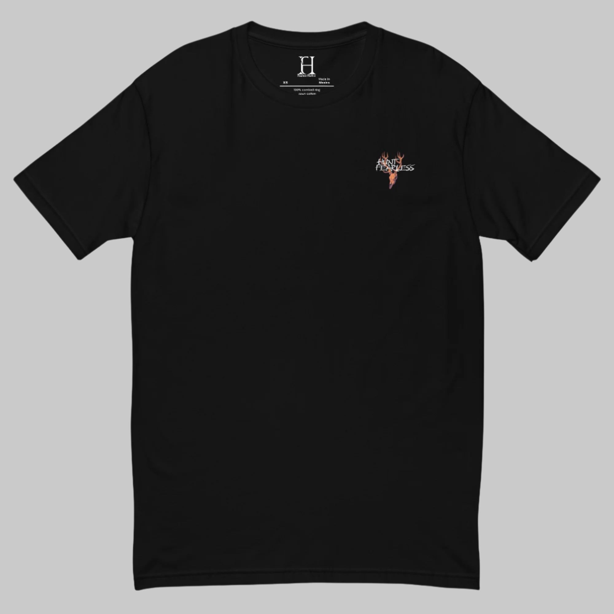 Front of Majestic Buck T-Shirt in Black, with deer logo and the words Hunt Fearless.
