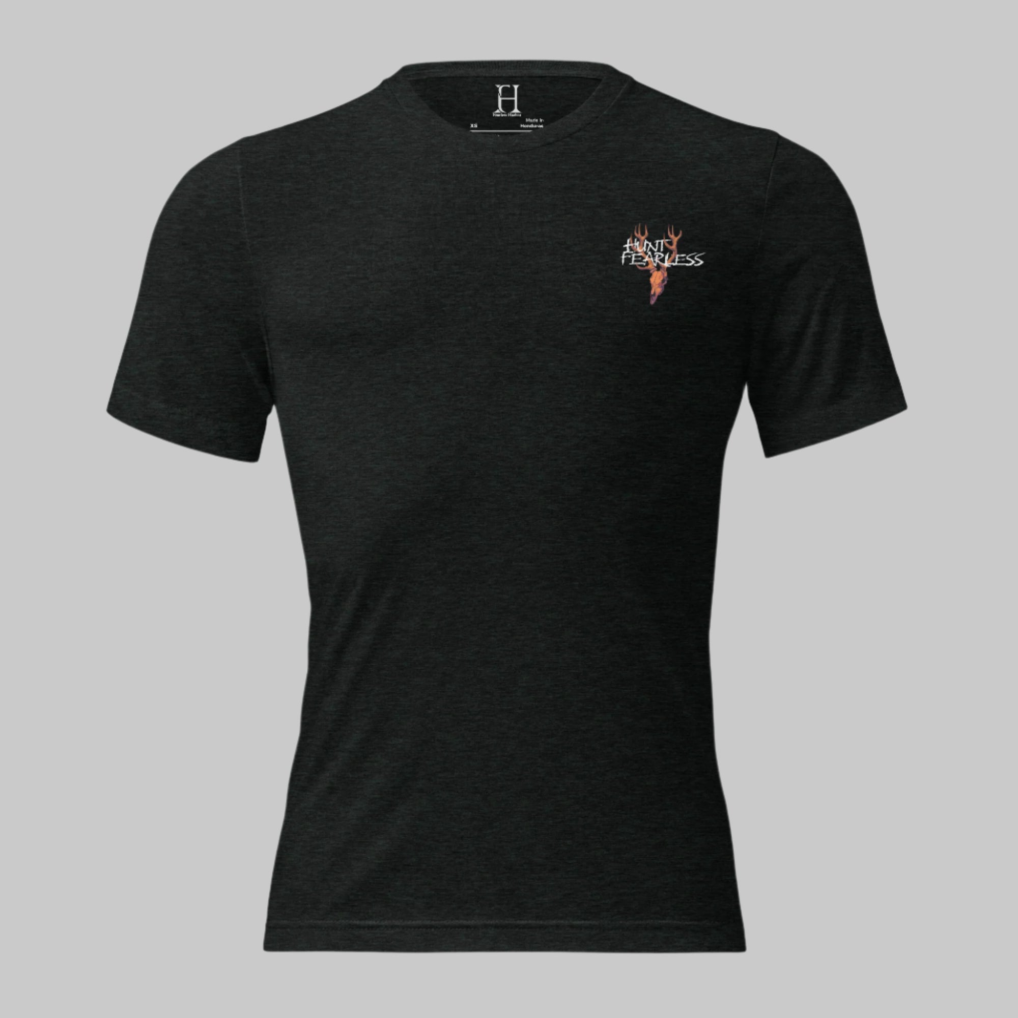 Front of Men's Utah Mammoth Bow Hunt T-Shirt in Black with deer logo and the words Hunt Fearless.