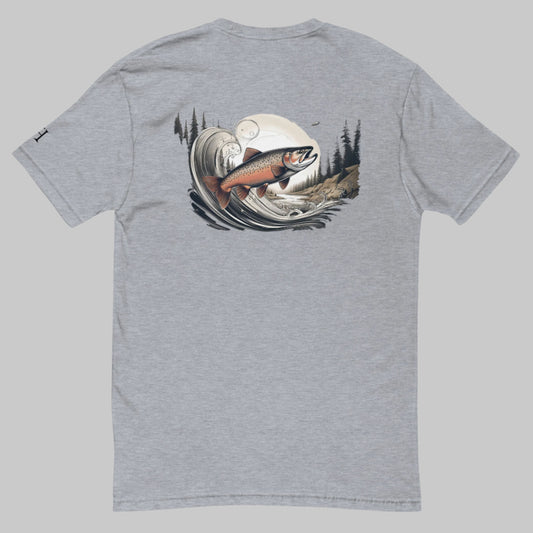 Back of Men's Minimalist River Fish Tee in Grey with a fish jumping out of water graphic.