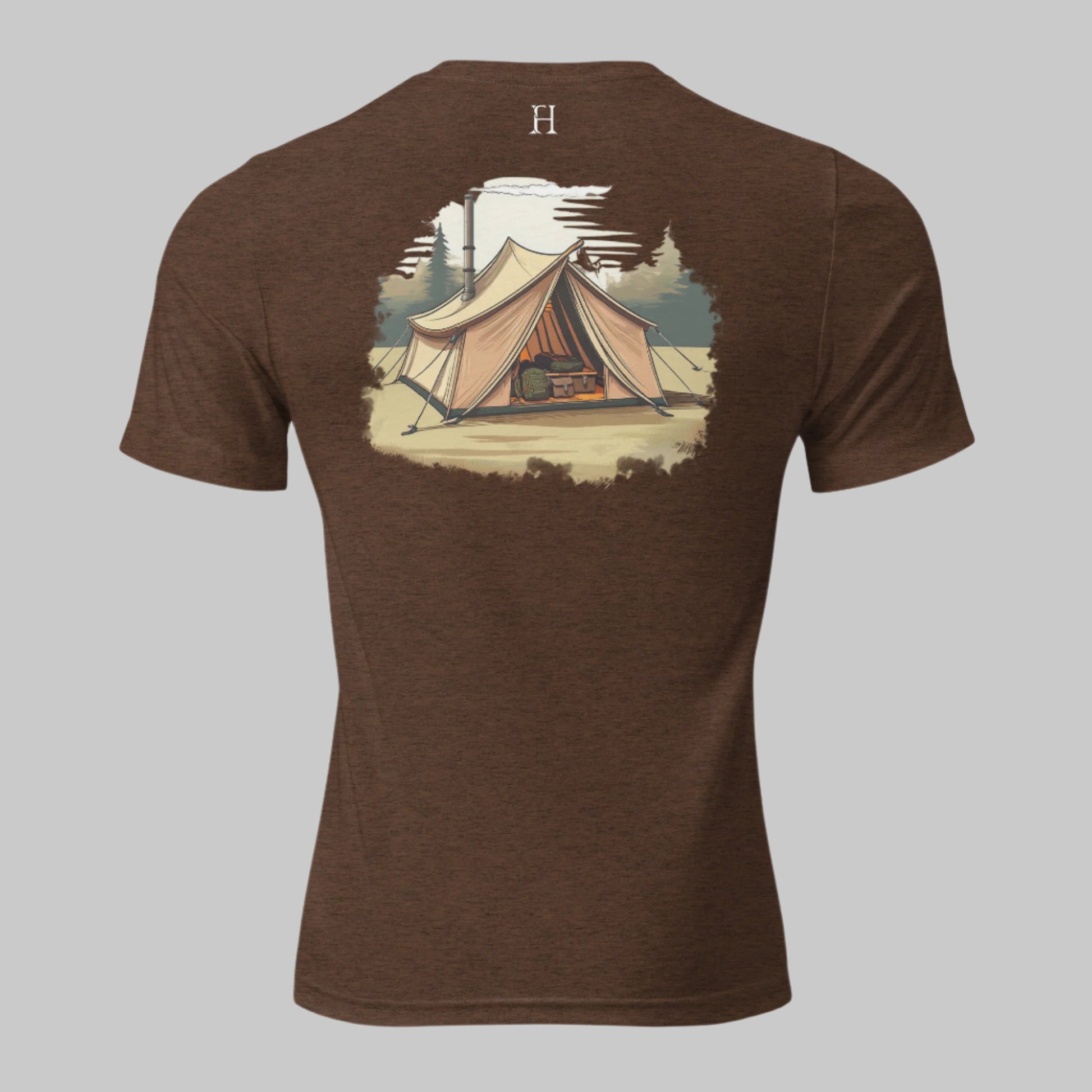 Back Rustic Haven Wear T Shirt in Brown with image of a canvas hunting tent. 
