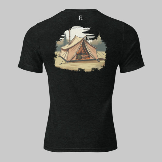 Back Rustic Haven Wear T Shirt in Charcoal Black with image of a canvas hunting tent. 