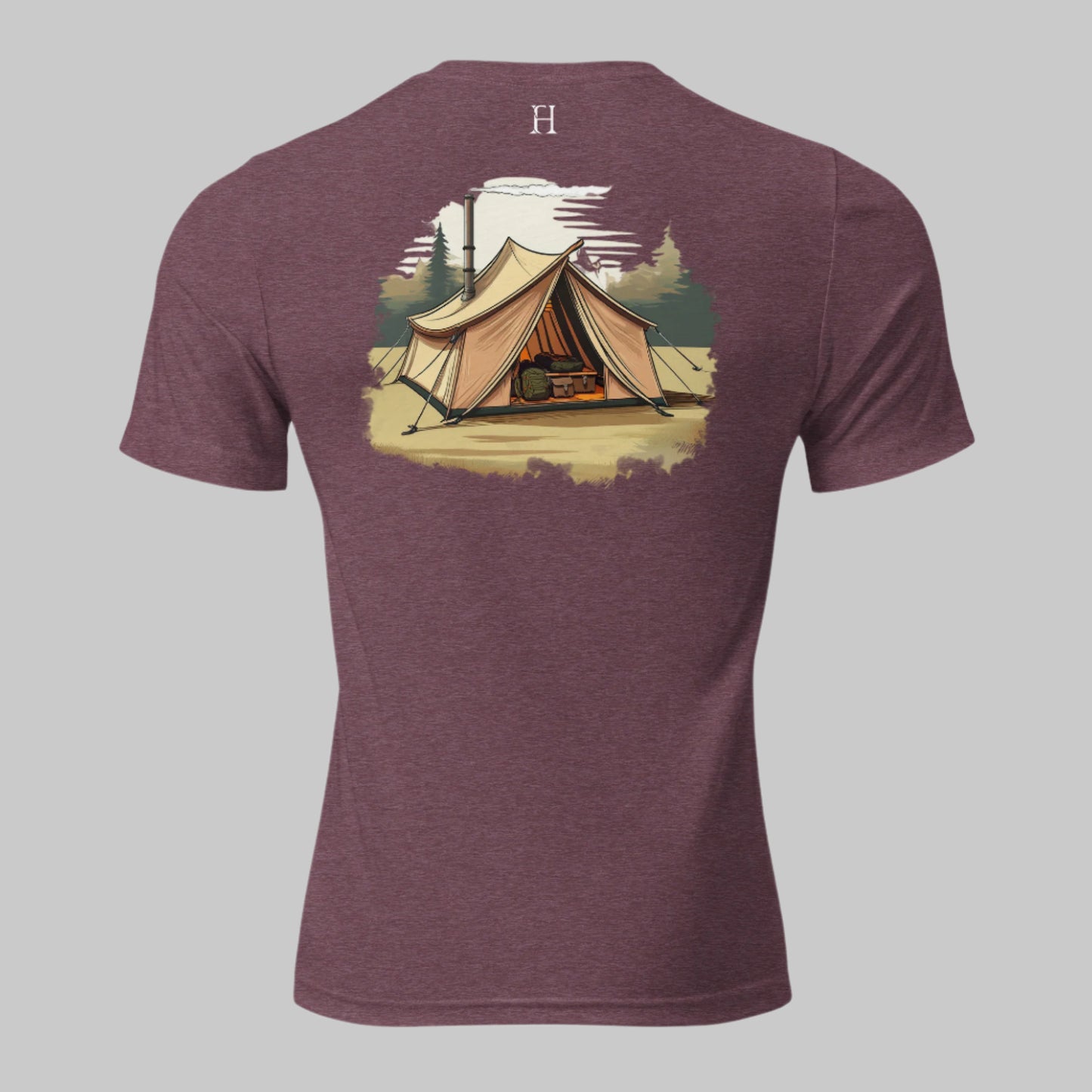 Back Rustic Haven Wear T Shirt in Maroon with image of a canvas hunting tent. 