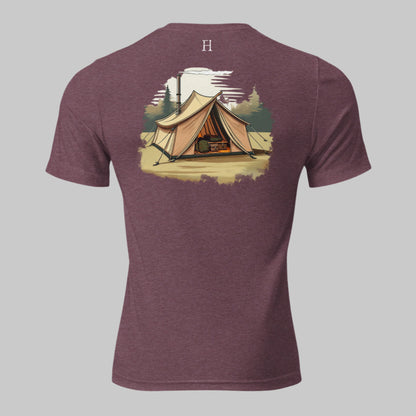 Back Rustic Haven Wear T Shirt in Maroon with image of a canvas hunting tent. 