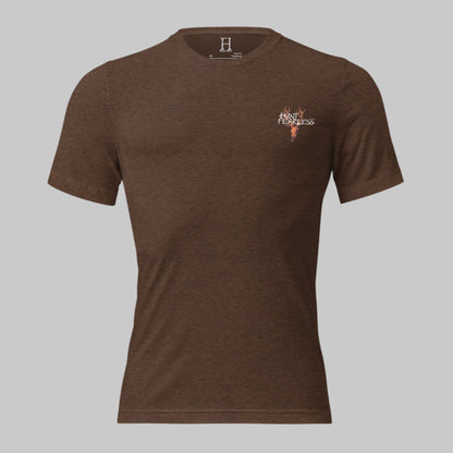 Front of Rustic Haven Wear T Shirt in Brown with deer logo and the words Hunt Fearless.