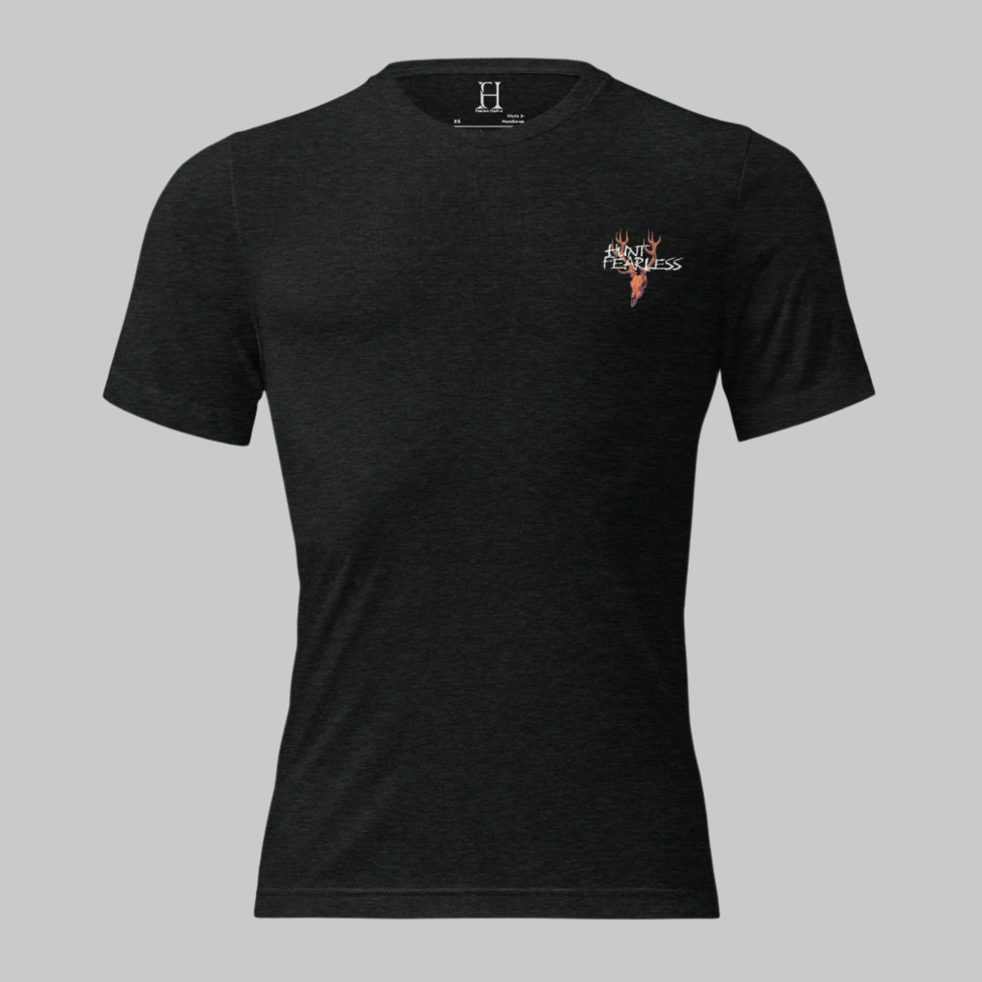 Front of Rustic Haven Wear T Shirt in Charcoal Black with deer logo and the words Hunt Fearless.