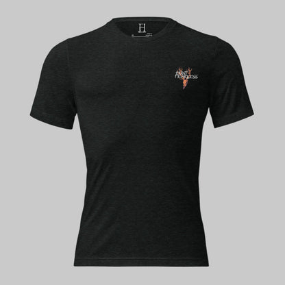 Front of Rustic Haven Wear T Shirt in Charcoal Black with deer logo and the words Hunt Fearless.