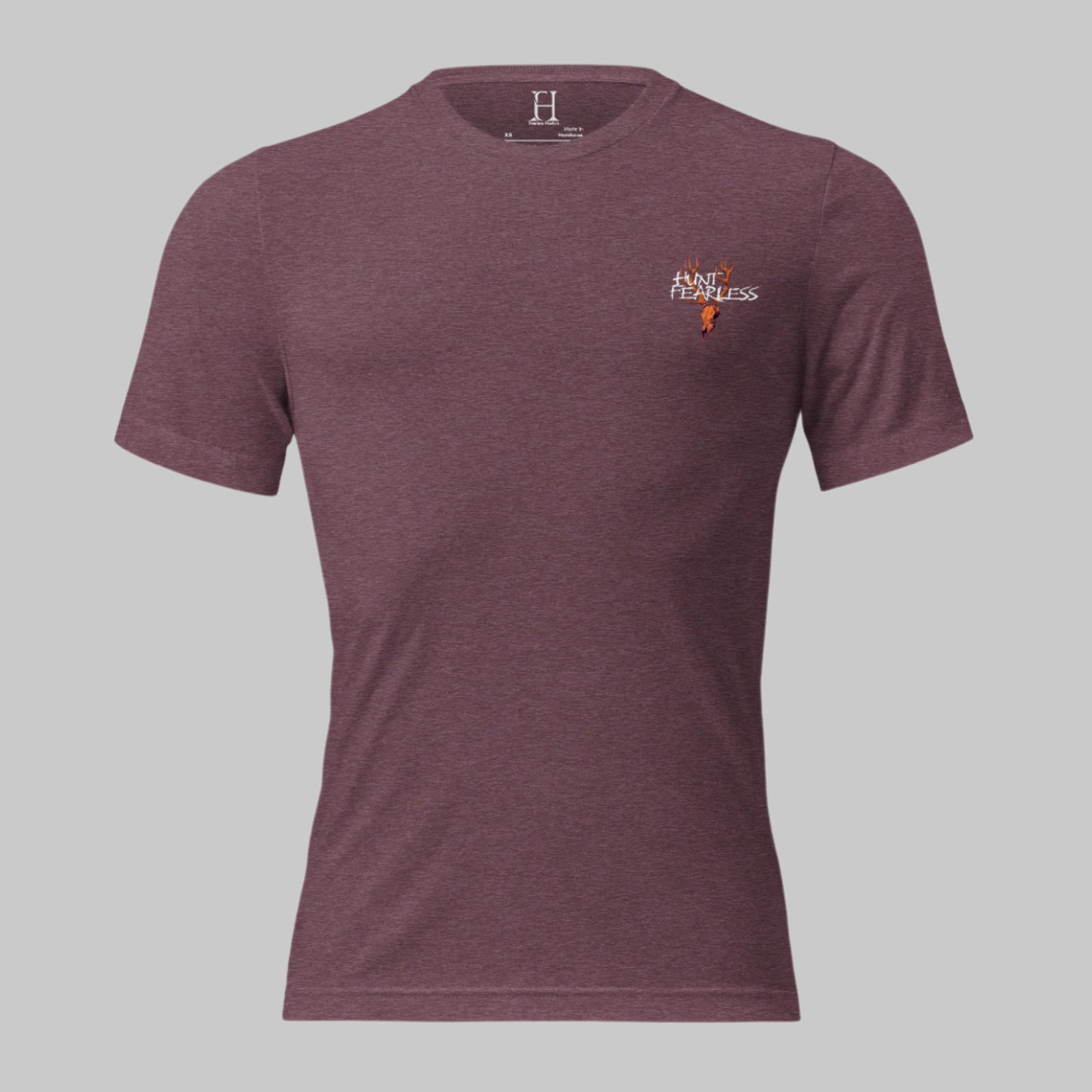 Front of Rustic Haven Wear T Shirt in Maroon with deer logo and the words Hunt Fearless.