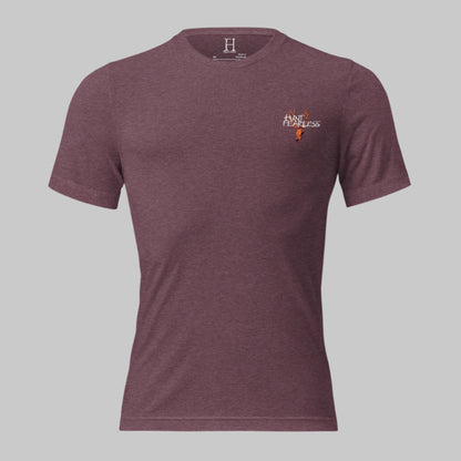 Front of Rustic Haven Wear T Shirt in Maroon with deer logo and the words Hunt Fearless.