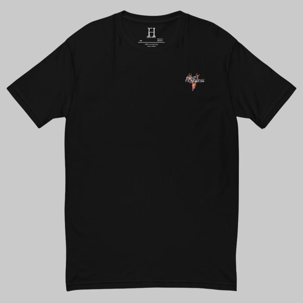 Front of Timeless Track Hunting T-Shirt in Black with deer logo and the words Hunt Fearless.