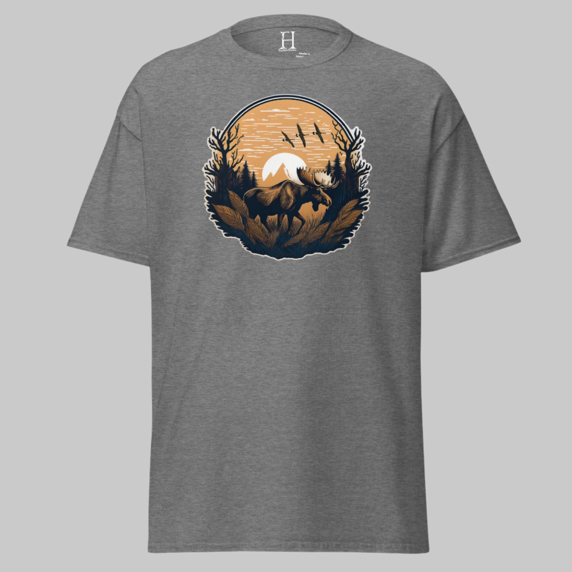 Front of Vintage Hunting wear t shirt in Graphite with a Moose design.