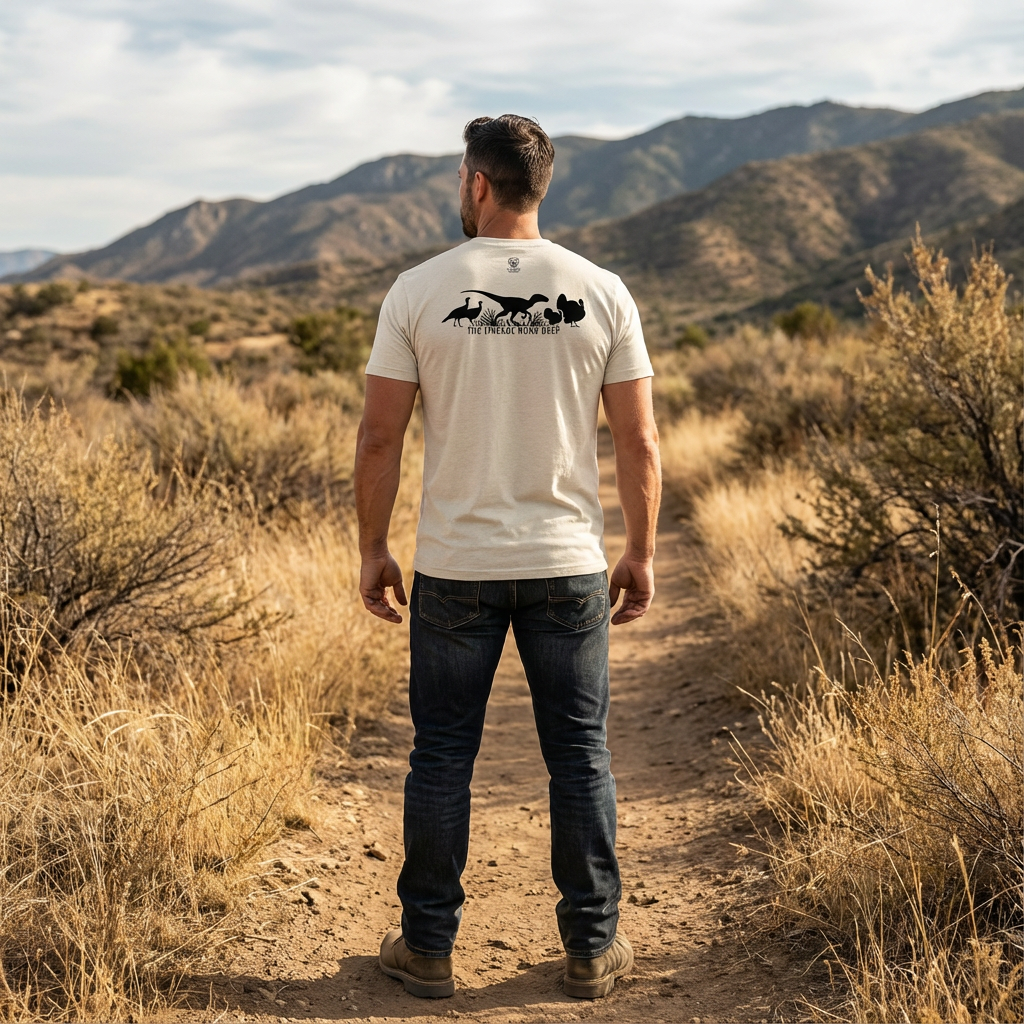 Mens turkey hunting graphic tee worn by public land hunter back view in Oatmeal showing raptor and turkey lineage graphic