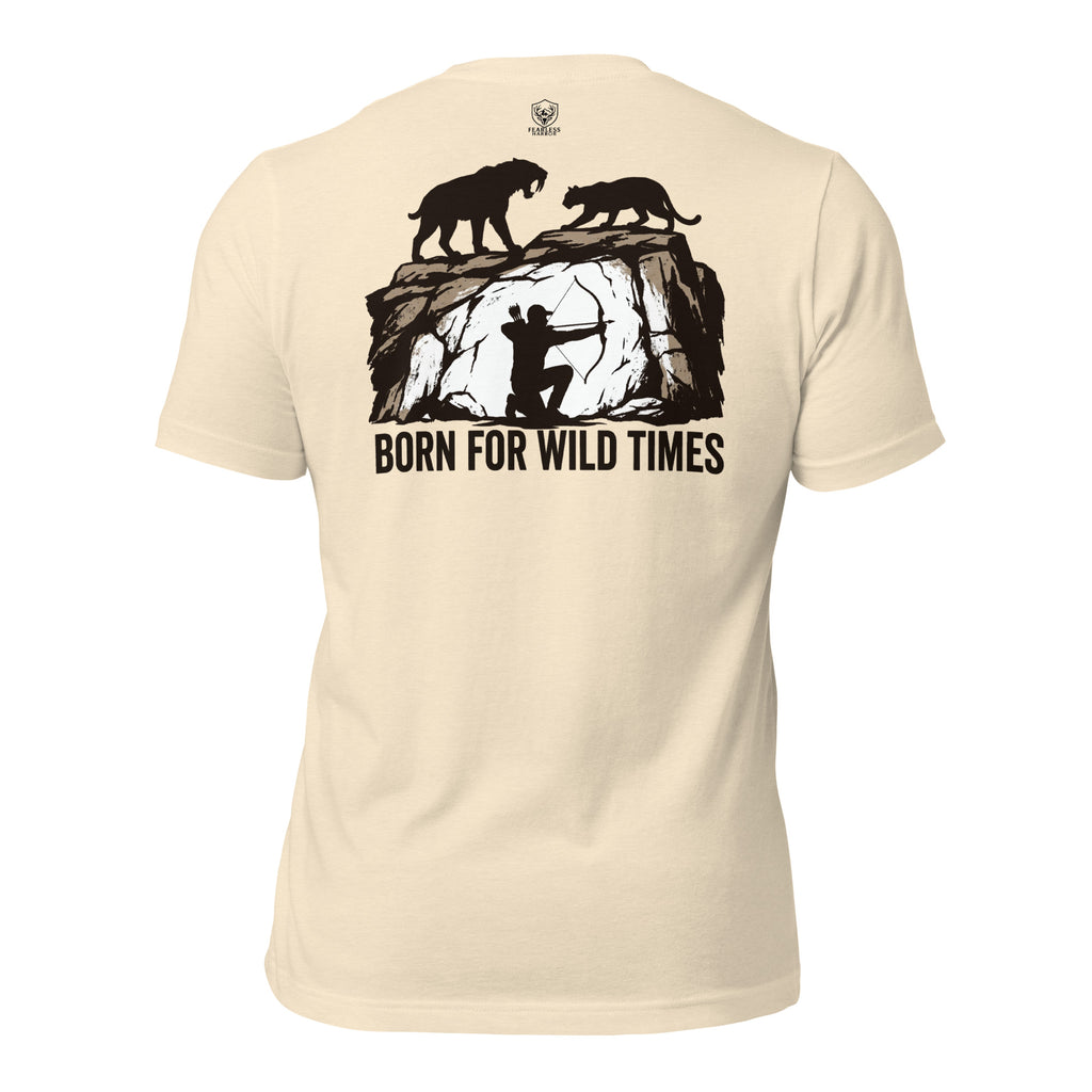 Mens natural heather primitive hunting shirt showing Born for Wild Times prehistoric hunter graphic