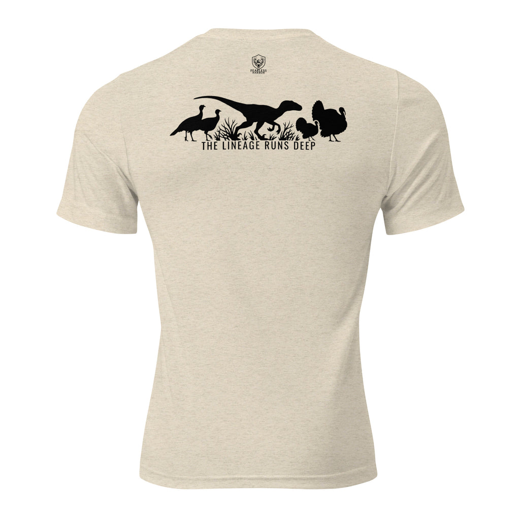 Oatmeal mens turkey hunting graphic tee back view showing raptor walking between turkeys with The Lineage Runs Deep graphic