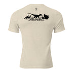 Oatmeal mens turkey hunting graphic tee back view showing raptor walking between turkeys with The Lineage Runs Deep graphic