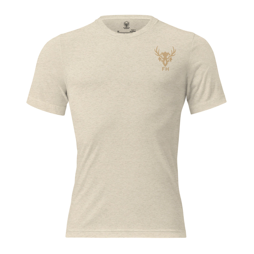 Oatmeal mens turkey hunting graphic tee front view with Fearless Harbor chest mark