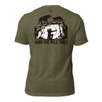 Mens olive heather primitive hunting shirt showing Born for Wild Times prehistoric hunter rock art graphic