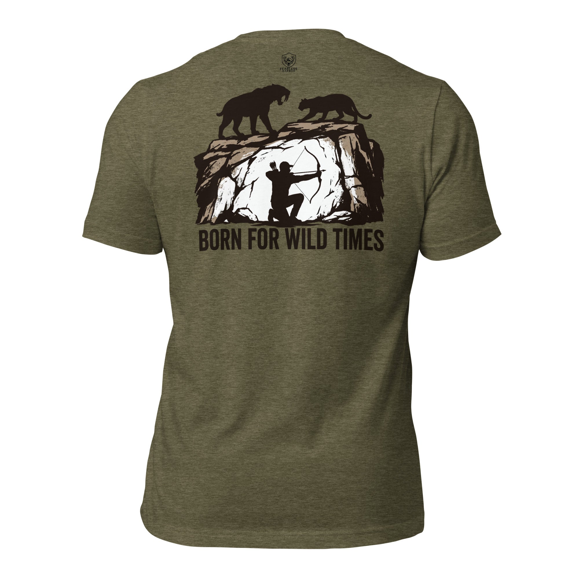 Mens olive heather primitive hunting shirt showing Born for Wild Times prehistoric hunter rock art graphic