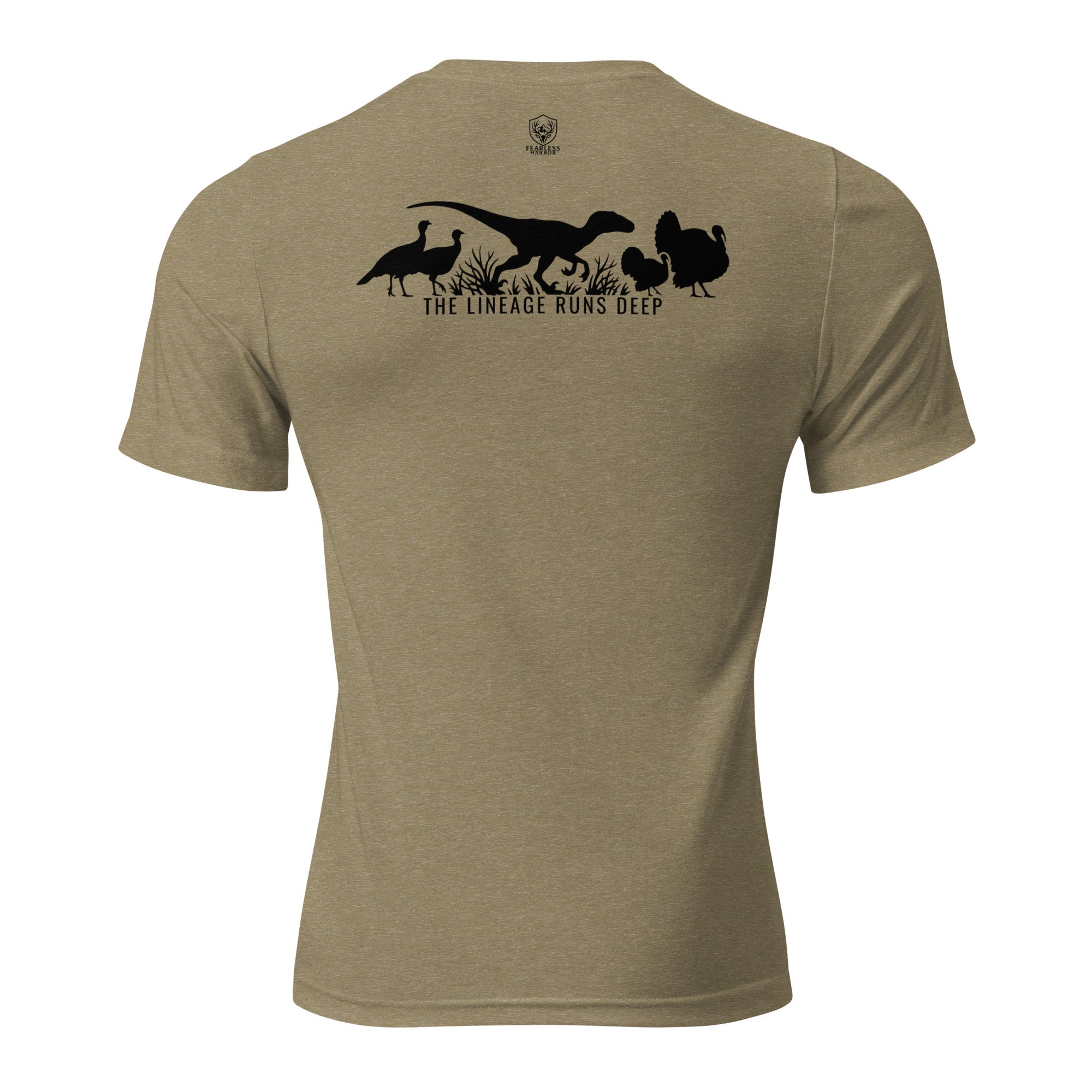 Olive mens turkey hunting graphic tee back view showing raptor walking between turkeys with The Lineage Runs Deep graphic