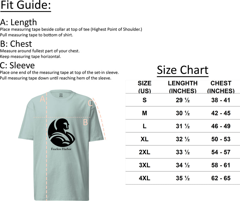 Size chart for Men's Fearless Warrior Premium Heavyweight Tee