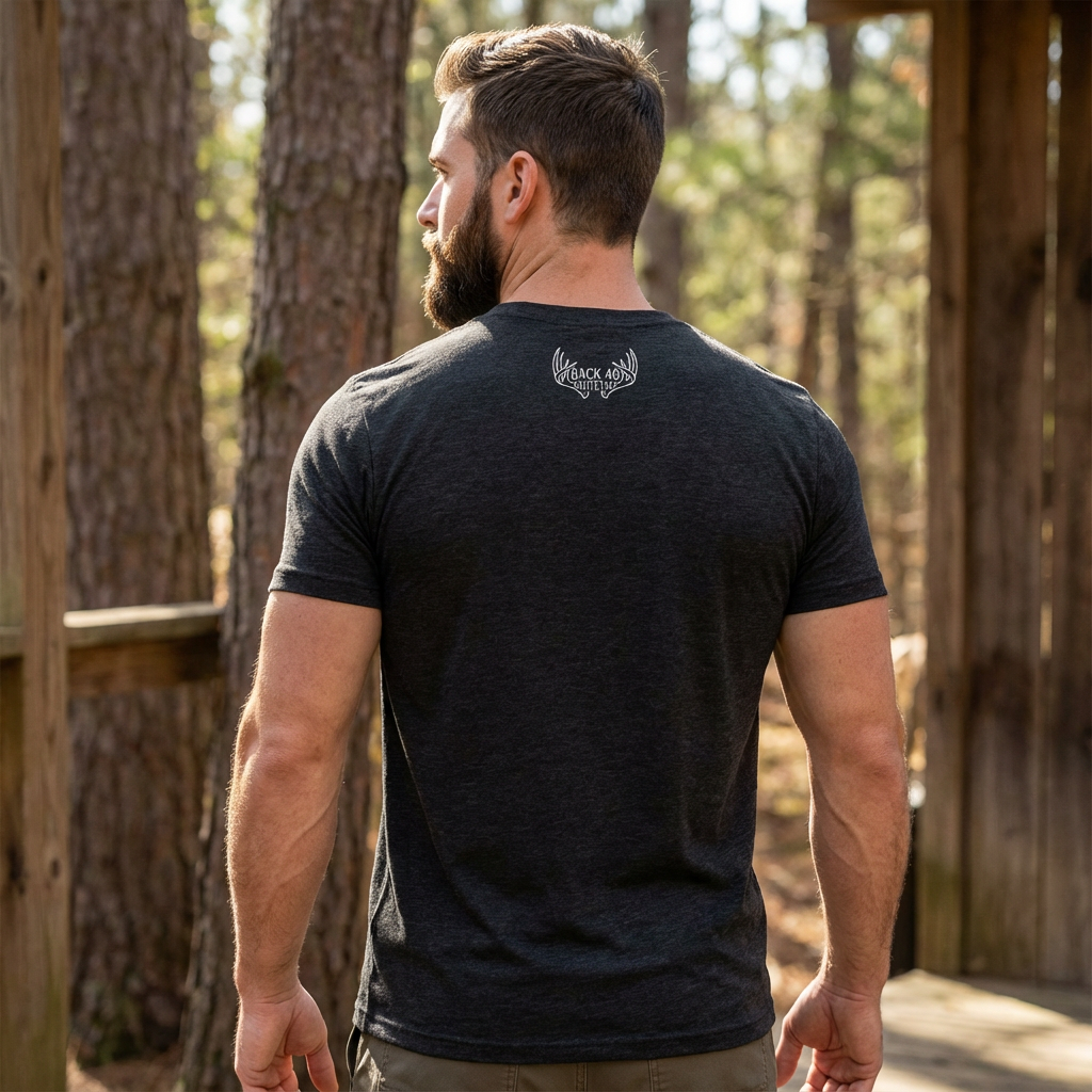 Man outdoors in a field and forest edge wearing the Men’s Rut Line Heritage Tri-Blend Tee in charcoal black – back view with rutting whitetail buck graphic