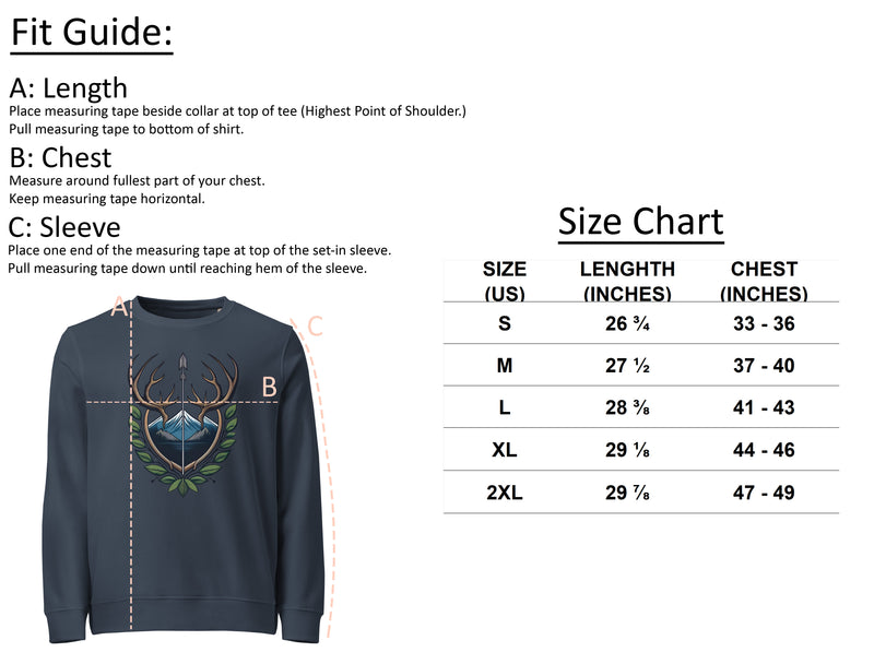 Size chart for Women's Antler Crest Organic Sweatshirt