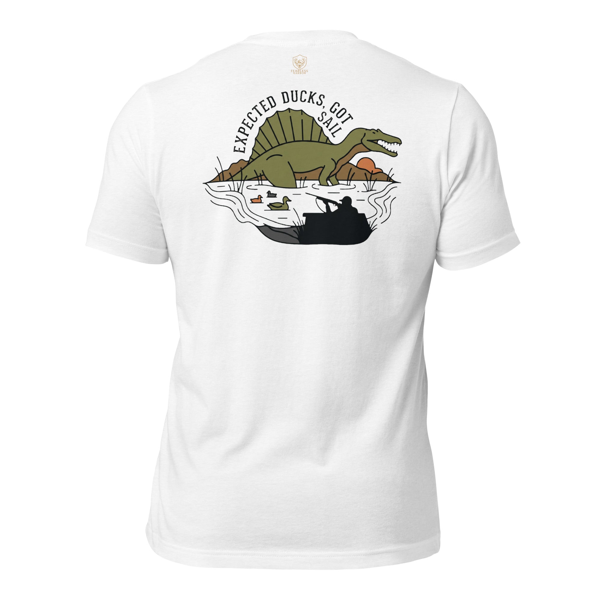Solid White Blend men’s duck hunting graphic tee back view showing sail backed dinosaur rising from flooded timber
