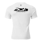 Solid White mens turkey hunting graphic tee back view showing raptor walking between turkeys with The Lineage Runs Deep graphic