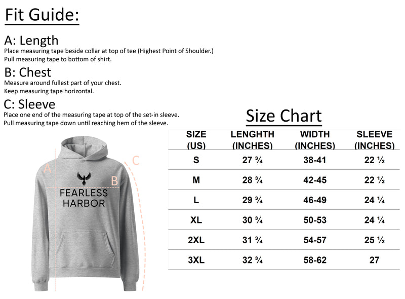 Size chart for Women's Fearless Harbor Oversized Hoodie