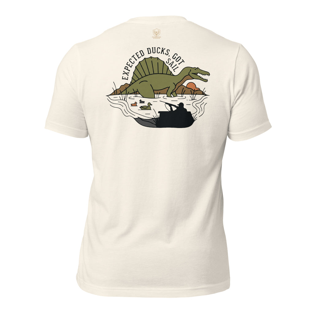 Vintage White men’s duck hunting graphic tee back view showing sail backed dinosaur rising from flooded timber