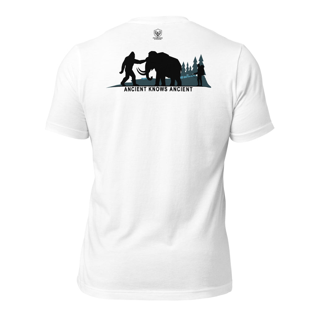 Men’s white prehistoric hunting shirt featuring mammoth hunter and Bigfoot Ancient Knows Ancient graphic