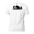 Men’s white prehistoric hunting shirt featuring mammoth hunter and Bigfoot Ancient Knows Ancient graphic