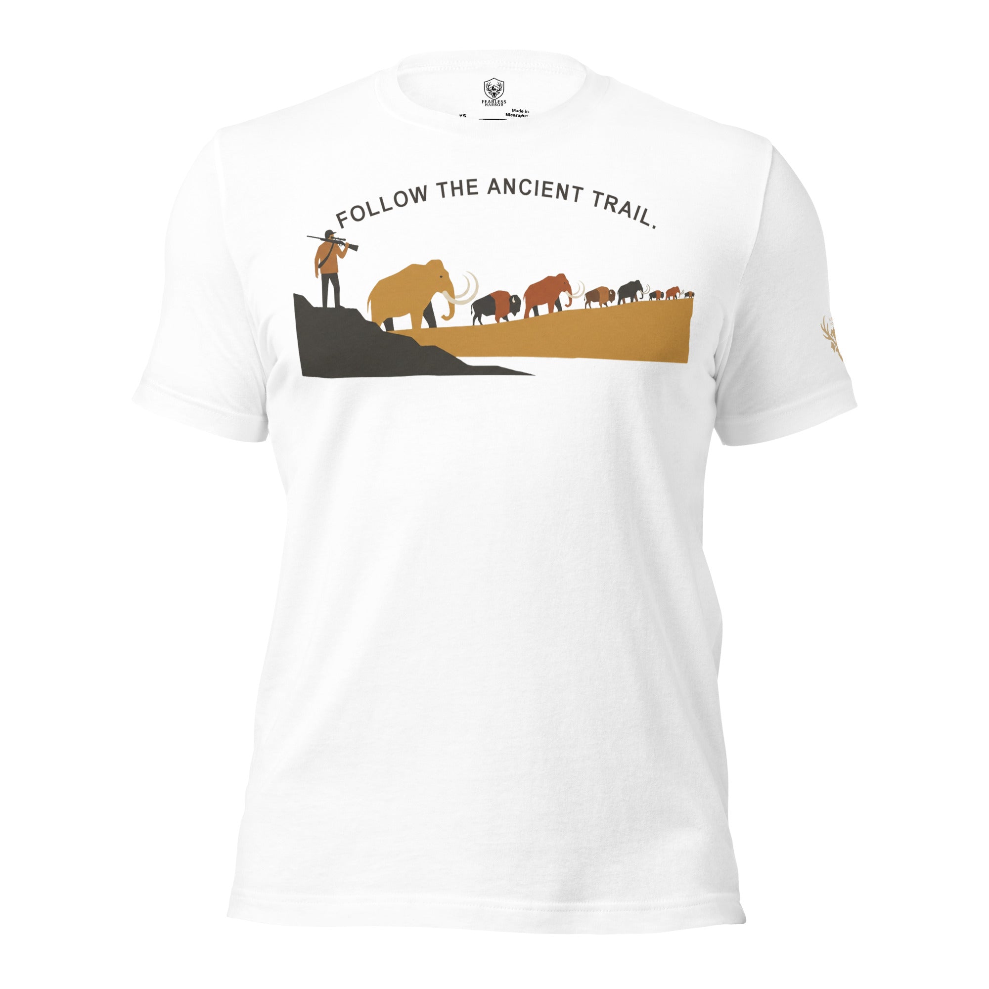 Mens White Follow the Ancient Trail Core Tee featuring woolly mammoth and Ice Age bison migration graphic across ancient terrain