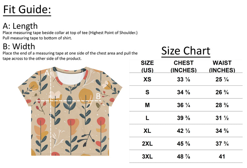 Size chart for Women's Fearless Growth Crop Tee