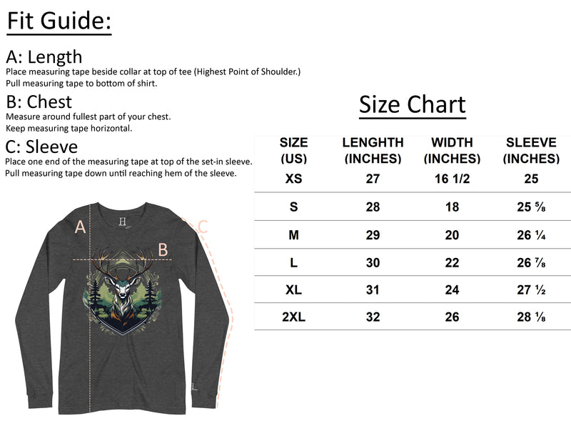 Size chart for Autumn Pumpkin Patch Long Sleeve Tee