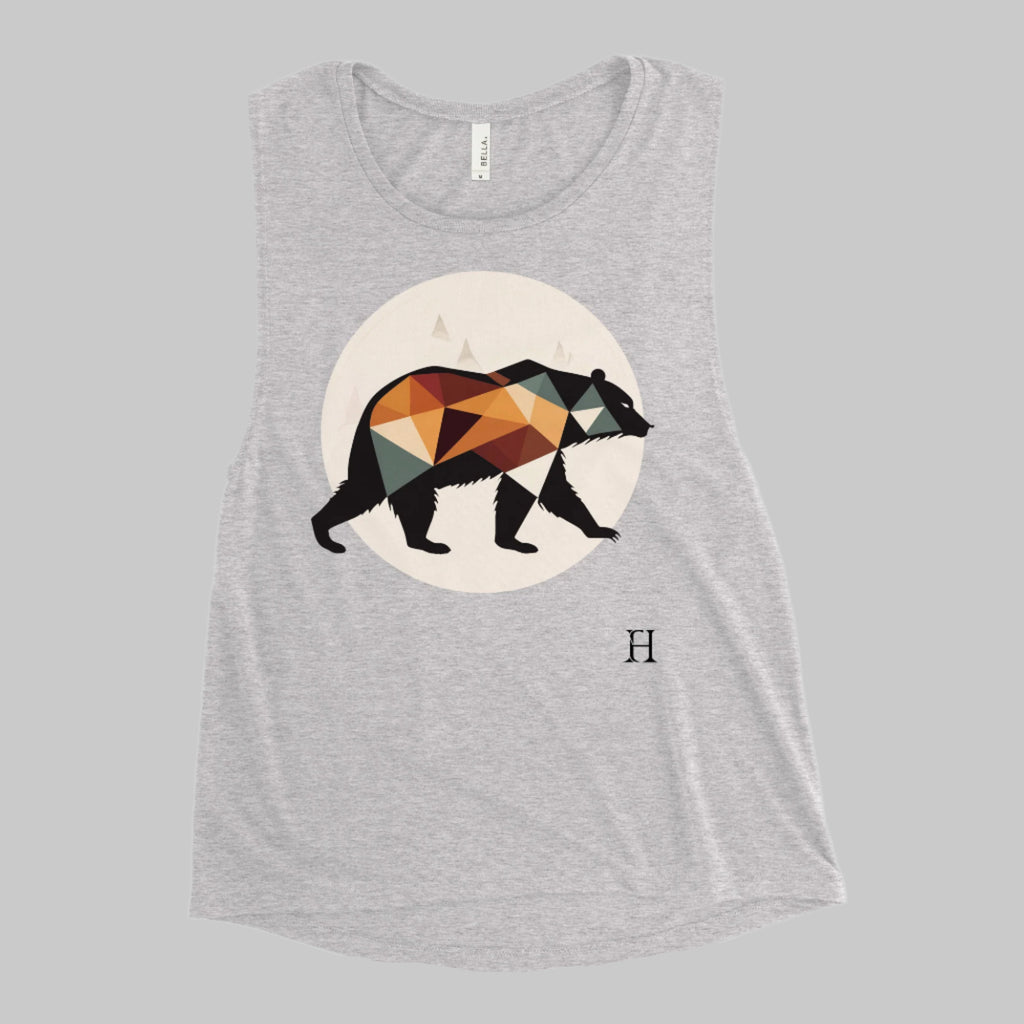 Front of Bear Edition Tank in Athletic Grey, with Silhouette of a Bear Design and the FH logo on lower left in black.