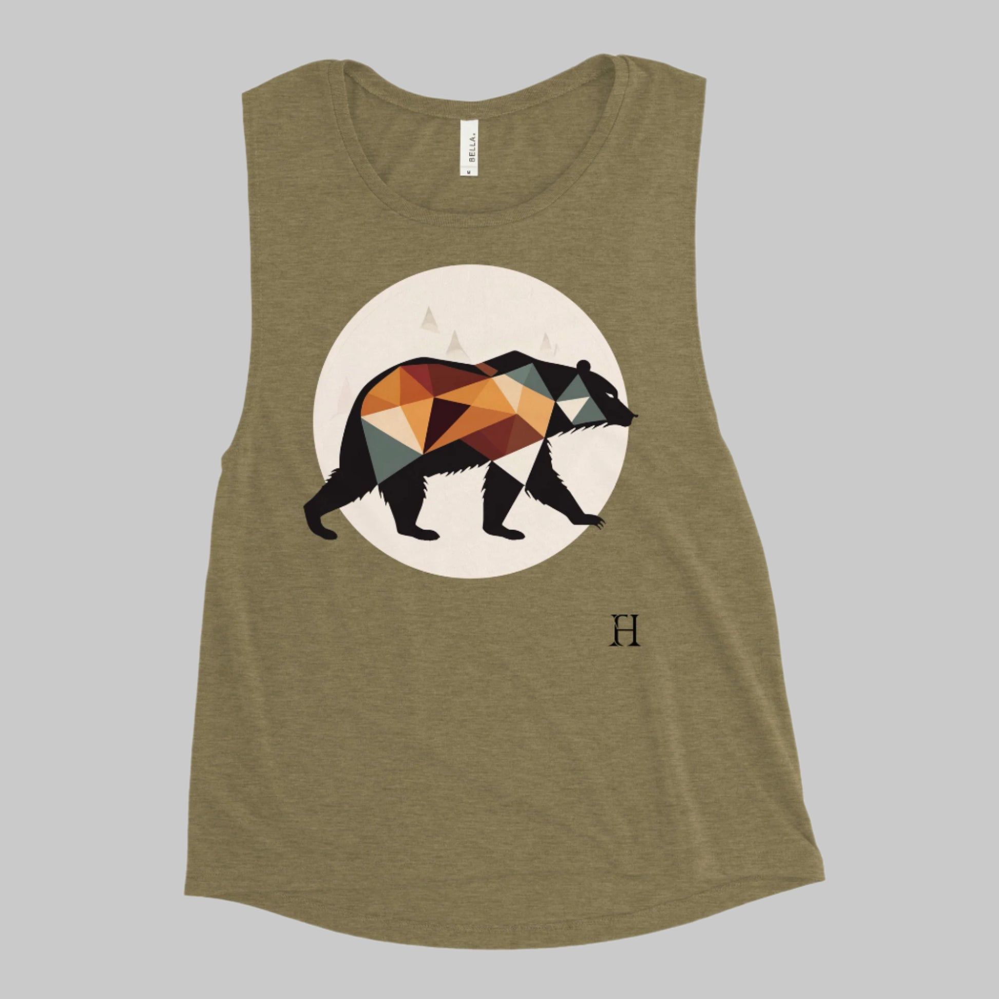 Front of Bear Edition Tank in Olive, with Silhouette of a Bear Design and the FH logo on lower left in black.
