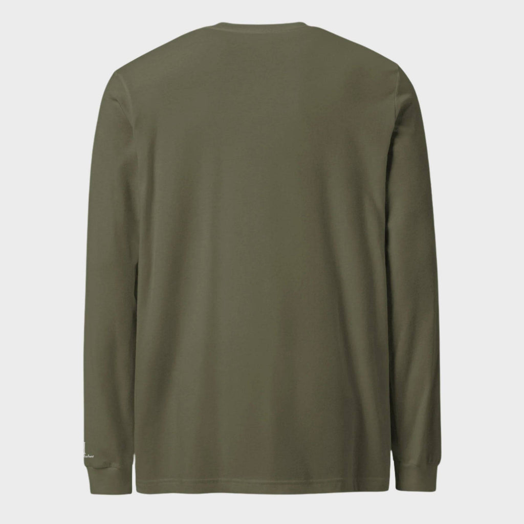 Back of Deer Crest Long Sleeve T-Shirt in Military Green, blank with no graphics or text.