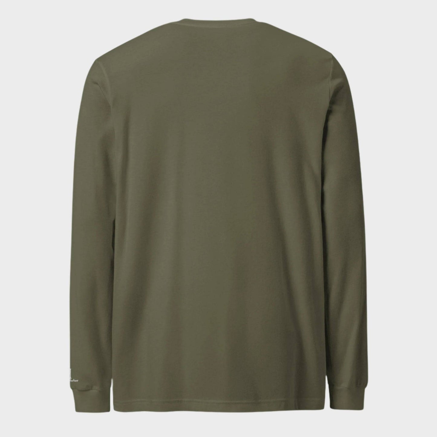 Back of Deer Crest Long Sleeve T-Shirt in Military Green, blank with no graphics or text.