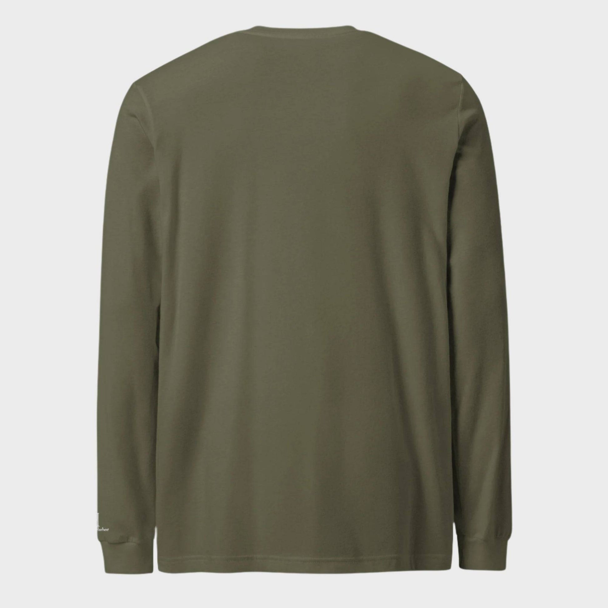 Back of Deer Crest Long Sleeve T-Shirt in Military Green, blank with no graphics or text.