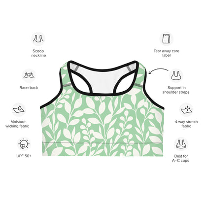 Front of Racerback Embrace Fearless Growth Sports Bra in Green and White plant design, with black trim.