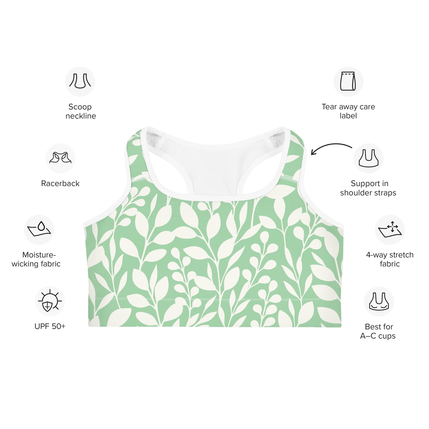 Front of Racerback Embrace Fearless Growth Sports Bra in Green and White plant design, with white trim.